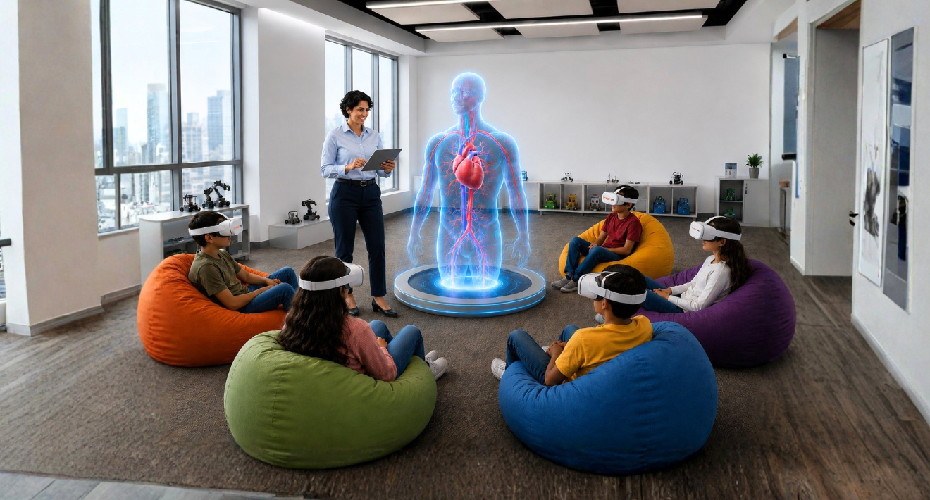 Students using VR headsets in a classroom VR lab